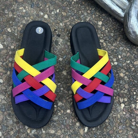 Rainbow Cross Strap Women's Beach Summer Slip On Sandals Size 7 - Picture 5 of 6